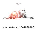 Smart city concept. Hand drawn smartphone with modern city scape. Little model of city with skyscrapers isolated vector illustration.