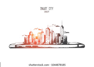 Smart City Concept. Hand Drawn Smartphone With Modern City Scape. Little Model Of City With Skyscrapers Isolated Vector Illustration.