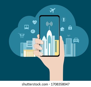  Concepto de ciudad inteligente. Mano sosteniendo un teléfono inteligente.