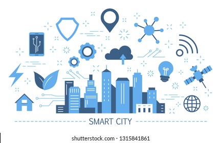 Smart city concept. Idea of global internet connection and artifical intelligence. Futuristic infrastructure in town. Wireless connection. Set of colorful icons. Isolated flat vector illustration