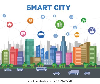 ilustración de concepto de ciudad inteligente, edificio urbano colorido y varios íconos de tecnología, red inteligente, IoT (Internet de las cosas), TIC(Tecnología de la Comunicación de la Información)