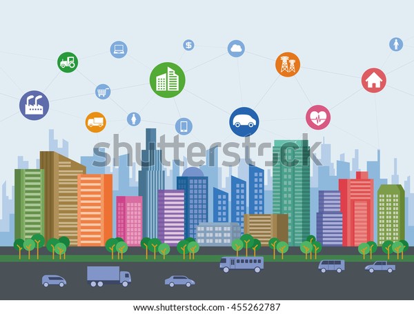 smart city\
concept illustration, colorful urban building and various\
technology icons, smart grid, IoT(Internet of Things),\
ICT(Information Communication\
Technology)