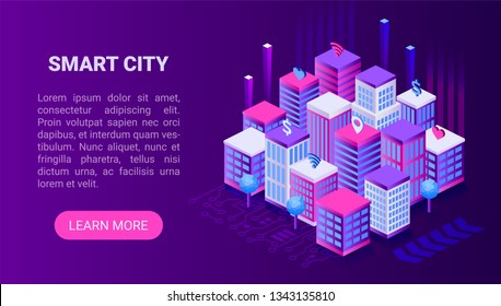 Smart city concept. Isometric 3d vector illustration. Web banner with buildings and money, wi-fi and social media icons. 