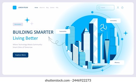 Smart city concept. Landing page website design. Urban landscape with infographic elements. Presentation slide template. Modern vector illustration concepts for website and mobile website development