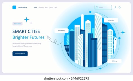 Smart city concept. Landing page website design. Urban landscape with infographic elements. Presentation slide template. Modern vector illustration concepts for website and mobile website development
