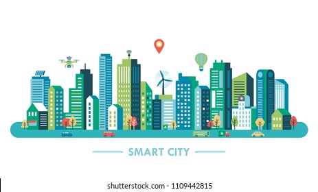 Smart city concept with modern buildings and network connection. Vector illustration