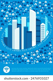 Smart city concept, modern design. Urban landscape with infographic elements. Design for Web Page, Banner, Poster, Print etc. Vector Illustration.