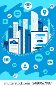 Smart city concept, modern design. Urban landscape with infographic elements. Design for Web Page, Banner, Poster, Print etc. Vector Illustration.