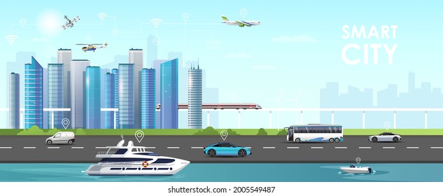 Concepto de ciudad inteligente. Ciudad moderna con rascacielos, con transporte urbano por tierra, agua y aire. Paisaje urbano. Arquitectura de construcción. Ciudad paisajista. Ilustración del vector