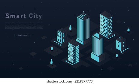 Smart city concept. Modern technologies and digital world. Futuristic architecture, poster or banner for website. Buildings and skyscrapers. Science and network. Isometric neon vector illustration