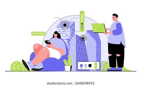 Smart city concept for modern web design. People monitoring and managing homes with eco friendly infrastructure, using green electricity in apps. Flat vector illustration isolated on white background.