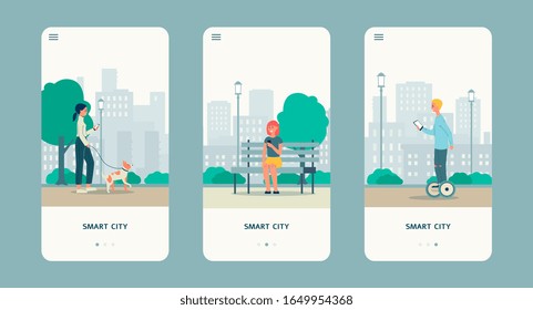 Smart city concept with people characters holding smartphone with mobile navigation, flat vector illustration on white background. Mobile applications set for city life.
