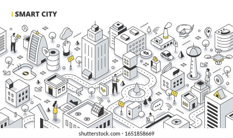 Smart city concept. People collect data from urban activity and use it in pair with communication and IoT technology to increase city efficiency. Outline isometric illustration