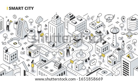 Smart city concept. People collect data from urban activity and use it in pair with communication and IoT technology to increase city efficiency. Outline isometric illustration