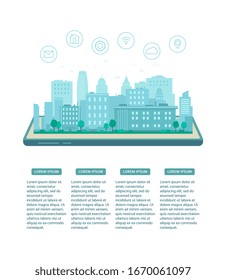 Smart city concept poster with modern technology symbols above cityscape. Flat banner with text template isolated on white background - vector illustration.