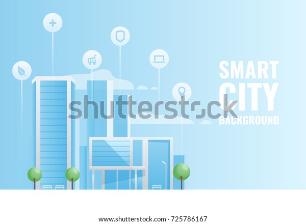 Smart city concept, skyscraper and high\
building with big glass window and icons. Horizontal city\
background vector\
illustration