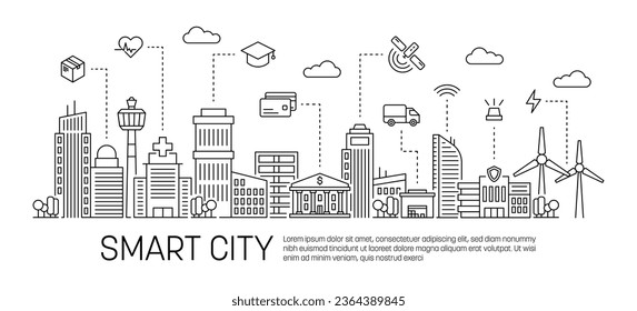 Línea de trazo de concepto de ciudad inteligente. El ambiente de la ciudad moderna se sustenta en edificios conectados. Concepto aislado de vector