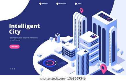 Smart city concept. Urban digital innovation office future city virtual town road smart skyscraper 3d isometric landing vector page