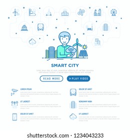 Smart city concept: urbanist develops city project. Thin line icons: green energy, efficient mobility, balanced traffic, electric transport. Vector illustration, web page template.