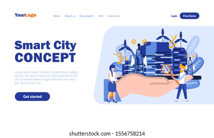 Smart city concept vector landing page template with header. Software model, high tech town web banner, homepage design with flat illustrations. Innovative technologies development concept