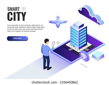 Smart city concept. Web banner, infographics. Isometric vector illustration.