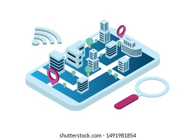smart city concept with wireless connection in isometric design