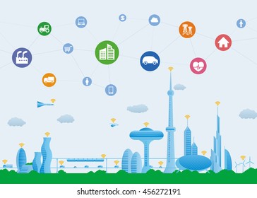 smart city conceptual illustration with various technological icons, futuristic cityscape and modern lifestyle, smart gird, IoT(Internet of Things), CPS(Cyber-Physical System)