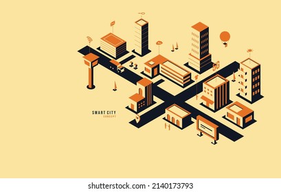 Smart city connecting to the internet concept, intelligent building automation system with networking technology. Urban IoT Management and controll system vector illustration