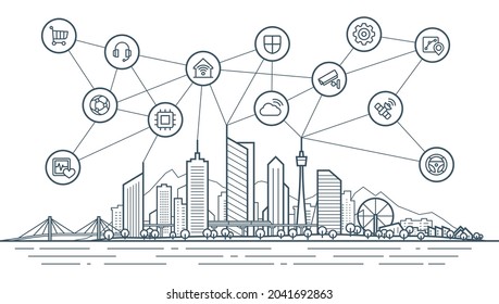 Smart City Connection Concept. Futuristic Tech Landscape Whith Integrated Thin Line Icons. Outline Future City Panorama. Abstract Vector Town. Urban Skyline With Skyscrapers, Office And Home Buildings