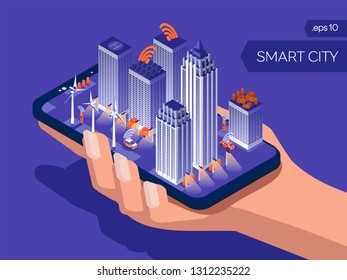 Smart city connection and control.  Eco friendly night town. IOT concept. Internet of things isometric style. Smart phone in human hand on blue background