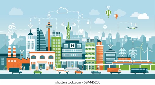 Smart city with contemporary buildings, people and traffic; networks, connection and internet of things icons on top