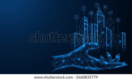 A smart city controlled by a human hand. The symbiosis of technology and human participation in the construction and development of intelligent megacities of the future. Low-poly design.