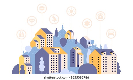 Smart city. Country landscape with houses and clever icons. Urban modern town with communication, internet, online stores vector illustration