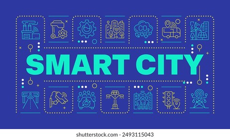 Smart city dark blue word concept. Renewable energy. Eco care, green power. Emission reduction. Horizontal vector image. Headline text surrounded by editable outline icons