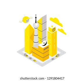 Smart city data infrastructure center isometric icon concept. Hosting server technology automation with networking.