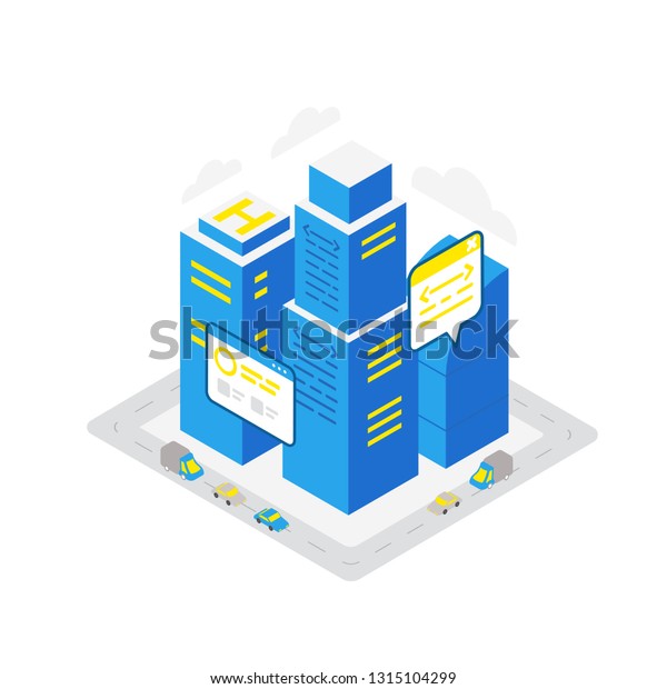 Smart city data infrastructure server\
isometric concept. Blue colors infographic\
icon