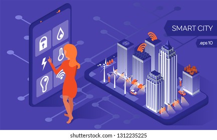 Smart city design concept. Isometric town on a smart phone. Wireless technology. Woman touch on a smart phone. Connection in town. Smart house concept