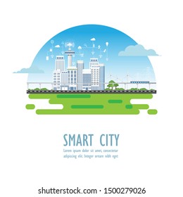 Smart city with different icons and elements isolated on white. Urban landscape with modern buildings and skyscrapers vector illustration.