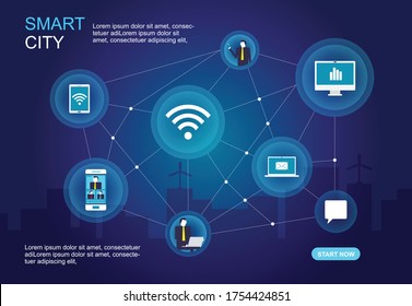 Smart city with different icons and elements concept. Vector illustration