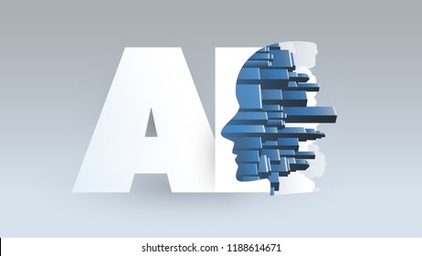 Smart City, Digital AI Control, Automated Support, Deep Learning and Future Technology Concept Design with Cityscape Skyline and Human Head - Vector Illustration