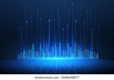 Smart city digital background. Building Technology, Futuristic City Architecture, Blue Skyline, Connection concept, Urban Industry, Tech Construction, Information Data, Infrastructure concept.