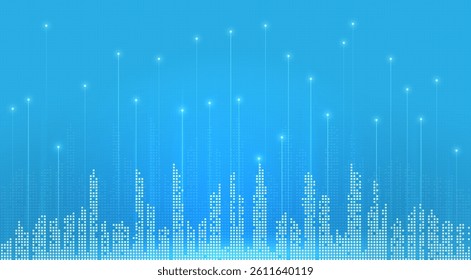 Smart city digital background. Building Technology, Futuristic City Architecture, Blue Skyline, Connection concept, Urban Industry, Tech Construction, Information Data, Infrastructure concept.