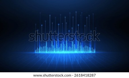 Smart city digital background. Building Technology, Futuristic City Architecture, Blue Skyline, Connection concept, Urban Industry, Tech Construction, Information Data, Infrastructure concept.