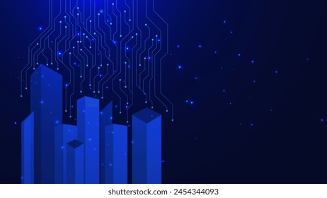 Smart city or digital city concept with electronic circuit board technology futuristic. High rise building of the central business district on dark blue background. Vector illustration.