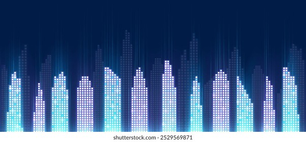 Ciudad inteligente, concepto de píxel digital de paisaje urbano futurista. Tecnología inteligente de neón de fondo de la ciudad, comunicación global, conexión a Internet.