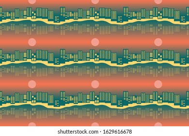 smart city or dwelling house flat design with sunset sky background, smart city seamless pattern