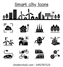 Smart City Eco Friendly City Icon Set 