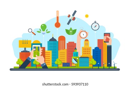 Smart city and ecological concept. New eco-friendly technology, infrastructure, communication, technological progress. Vector illustration isolated on white background.