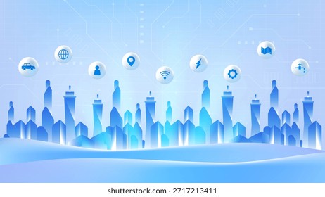 Ilustração de ecossistema de cidade inteligente com horizonte conectado, infraestrutura digital, ícones de serviços IoT, rede wireless, tecnologia de dados, conceito urbano futurista, fundo de vetor de tom azul.
