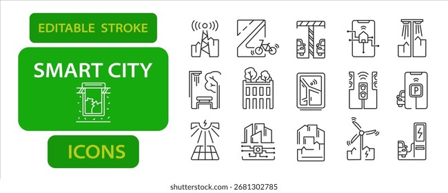 Smart city editable stroke icons set. Vector illustration.